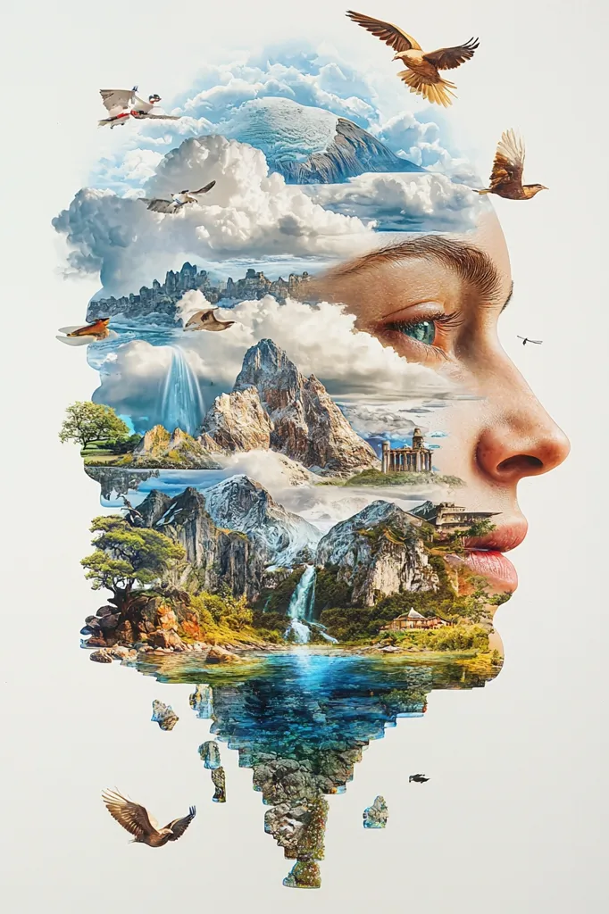 The image is a surreal portrait of a woman's face, with her profile highlighted. Her face is filled with various natural elements, like mountains, clouds, waterfalls, and birds. The image blends natural beauty and human form in a dreamlike and imaginative way. The overall feel is one of wonder and exploration. The use of a profile shot and the elements blending together makes the image seem like a window into a fantastical world.