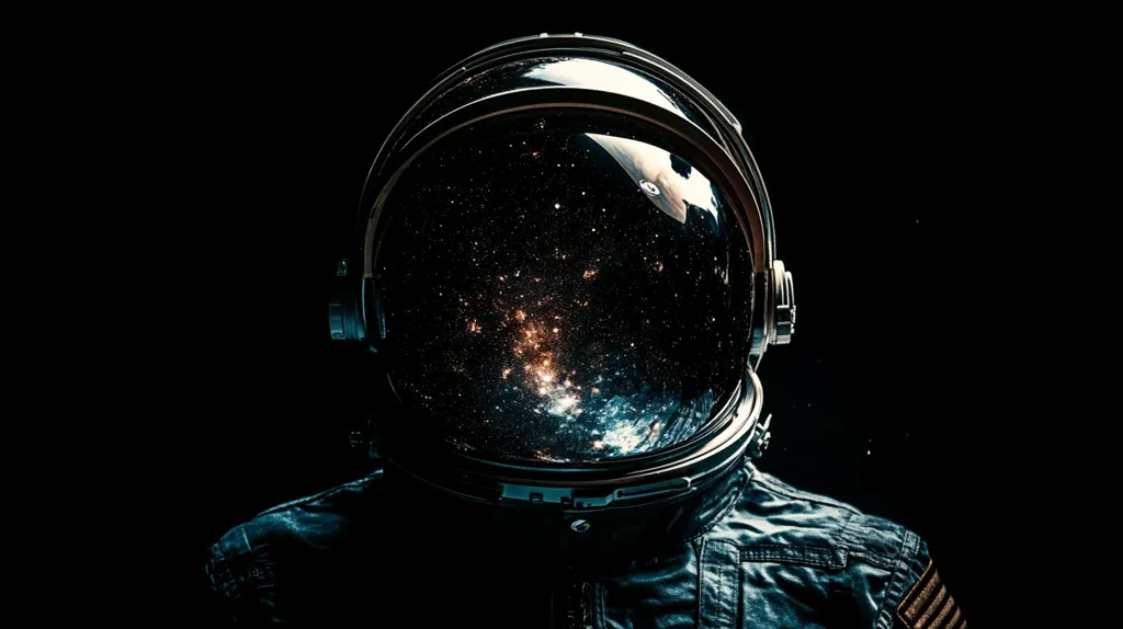 A close-up shot of an astronaut's helmet. The visor is reflective and shows a vast, starry night sky. The astronaut is wearing a dark blue spacesuit, and the background is black. The image evokes a sense of wonder and exploration.  The image is dark and mysterious, emphasizing the vastness of space.