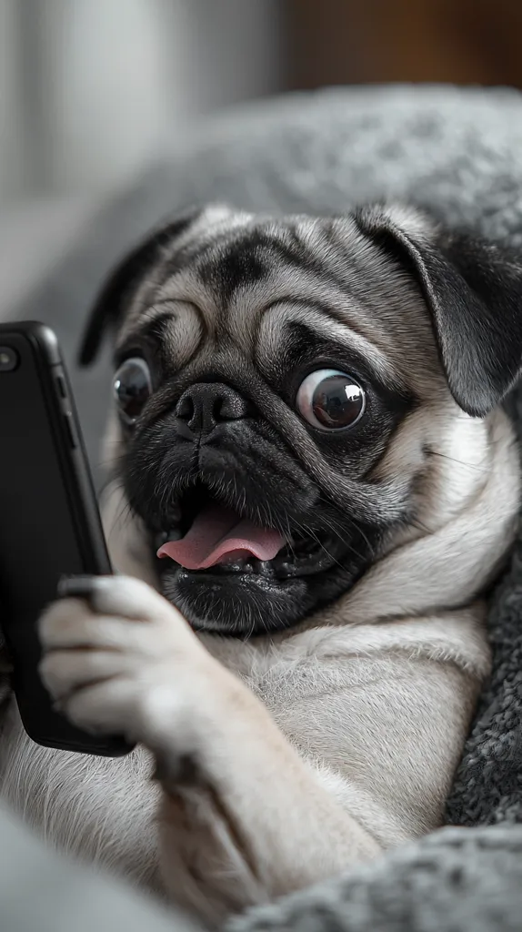 A pug is lying down and holding a black smartphone in its paws, with a surprised expression on its face. The pug's tongue is sticking out, and its eyes are wide open, staring at the phone screen. The dog is lying on a gray blanket. It looks like the pug is experiencing something exciting or shocking on the phone.