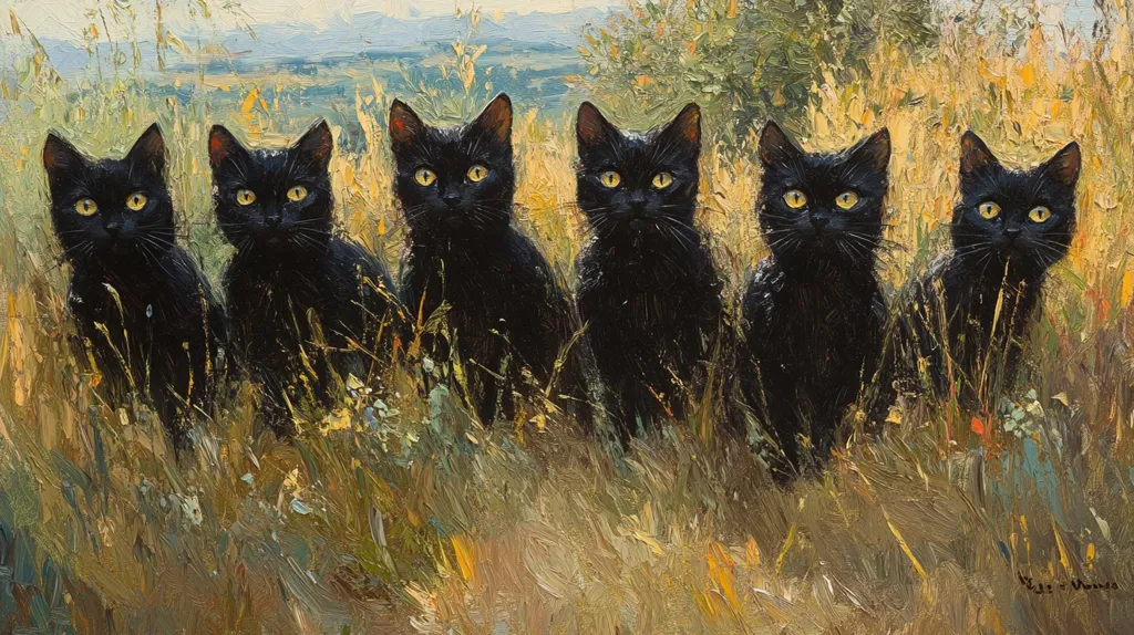 A painting depicting seven black cats standing in a row in tall grass. They are facing forward, looking at the viewer with bright yellow eyes. The grass is painted in a loose, impressionistic style with shades of yellow, green, and brown. The cats are rendered in a more detailed style.  The background is blurred and out of focus, suggesting a landscape setting.