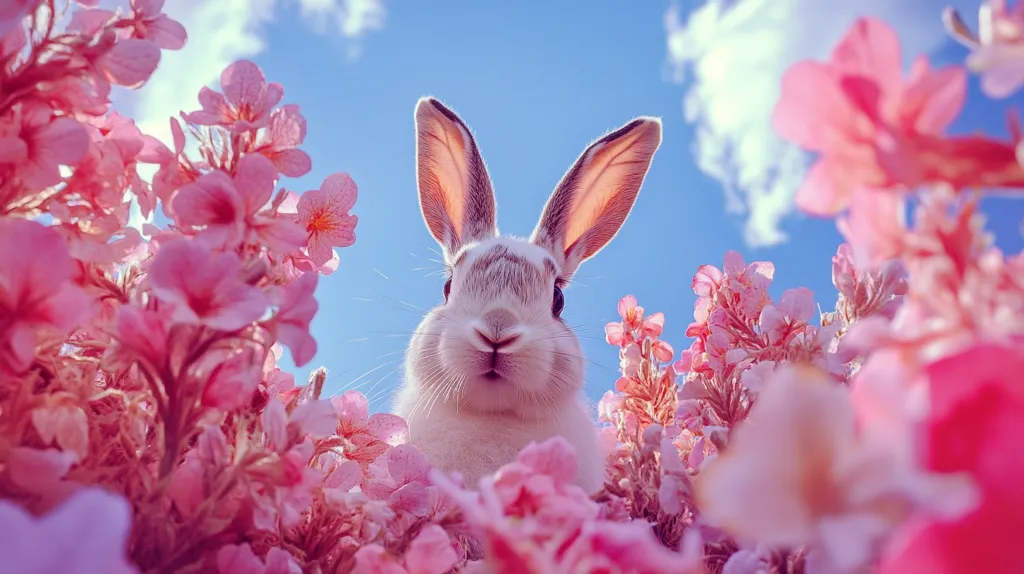 A white rabbit with long ears sits in a bed of vibrant pink flowers.  The flowers surround the rabbit, framing its face.  The sky is a bright blue, and the sun is shining.  The scene is cheerful and whimsical.