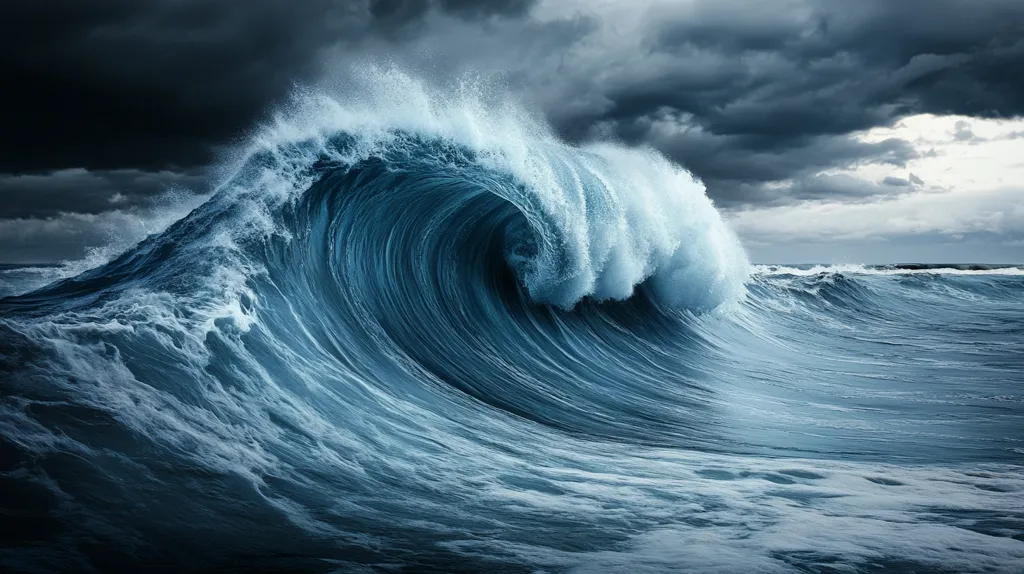 A large, powerful wave crashes in the ocean, its crest forming a dramatic curve. The water is a deep blue, and the wave is illuminated by the sunlight breaking through the dark, stormy clouds overhead. The scene evokes a sense of raw power and the relentless force of nature.