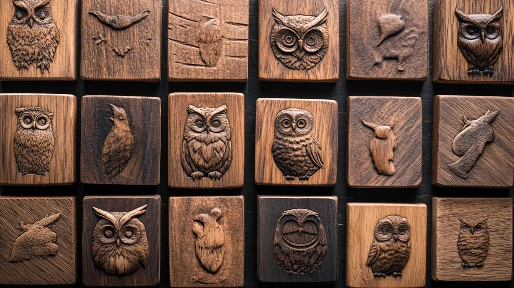 The image shows a wall of 16 intricately carved wooden squares. Each square features a different animal, mostly owls, but also birds and other creatures. The wood is dark and rich, enhancing the intricate details of each carving. The pieces are arranged in a grid pattern, creating a visually appealing and cohesive display.  The craftsmanship is evident in the depth and precision of the carvings.