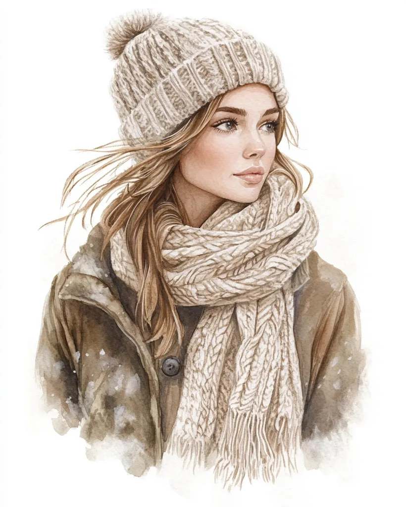 A watercolor painting of a young woman with long brown hair wearing a beige knitted beanie with a fluffy pom-pom and a matching cable knit scarf. She is wearing a brown jacket with a button. The background is white with subtle watercolor brushstrokes. She is looking off to the side with a thoughtful expression. The painting is done in a realistic style and captures the beauty of winter.