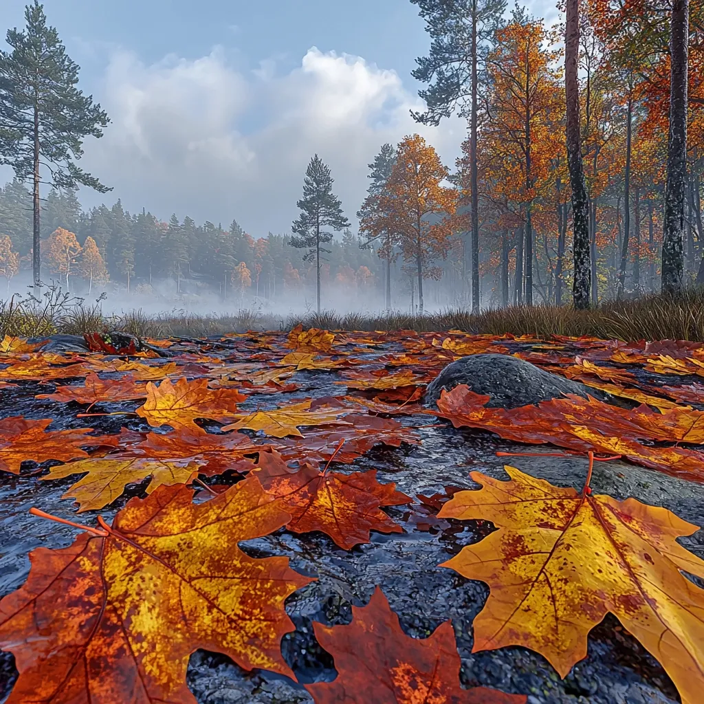 A tranquil forest scene in autumn, with a thin mist rising from a body of water. Fallen leaves, primarily in shades of orange and red, blanket the ground, partially submerged in the water. The distant trees stand tall, their leaves changing color, creating a picturesque backdrop. The image captures the beauty and serenity of nature during this time of year.