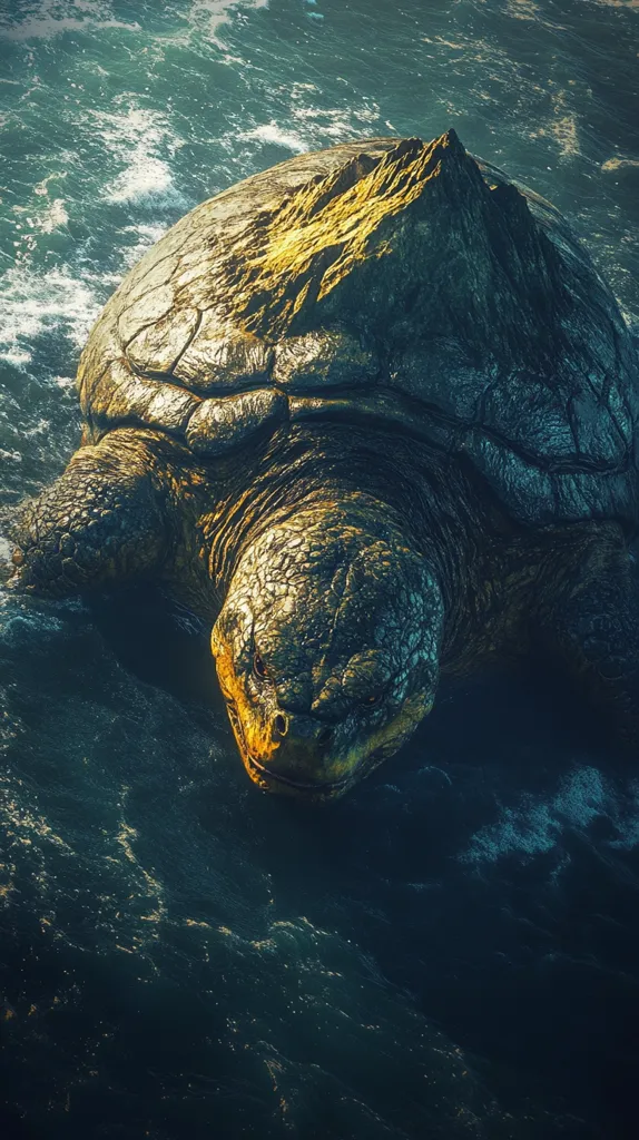 A giant, ancient-looking turtle, with rough, textured skin, swims through choppy, dark blue water. The turtle's shell resembles a rocky mountain, suggesting its immense size. The water around it is filled with small waves, creating a sense of movement and depth. The light hitting the turtle's shell gives it a golden sheen. The image evokes a sense of mystery and wonder, as if the turtle is a mythical creature from a forgotten time.