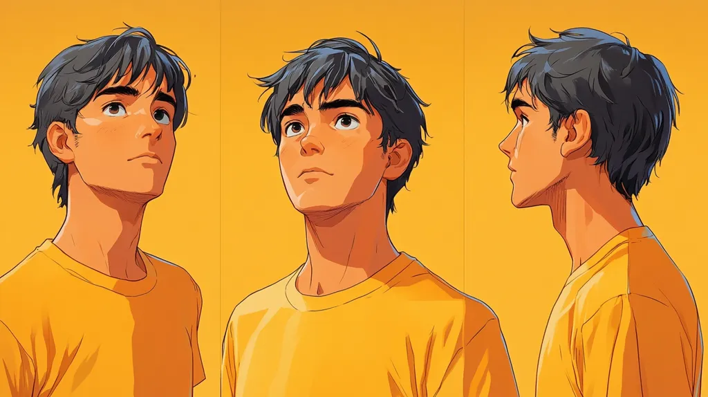The image depicts three different angles of a young man's face. He has short, dark hair and is wearing a plain yellow t-shirt. The background is a bright yellow, creating a minimalist aesthetic. The man appears to be looking upwards, suggesting contemplation or thoughtfulness. The focus on his face emphasizes his expressions and features.