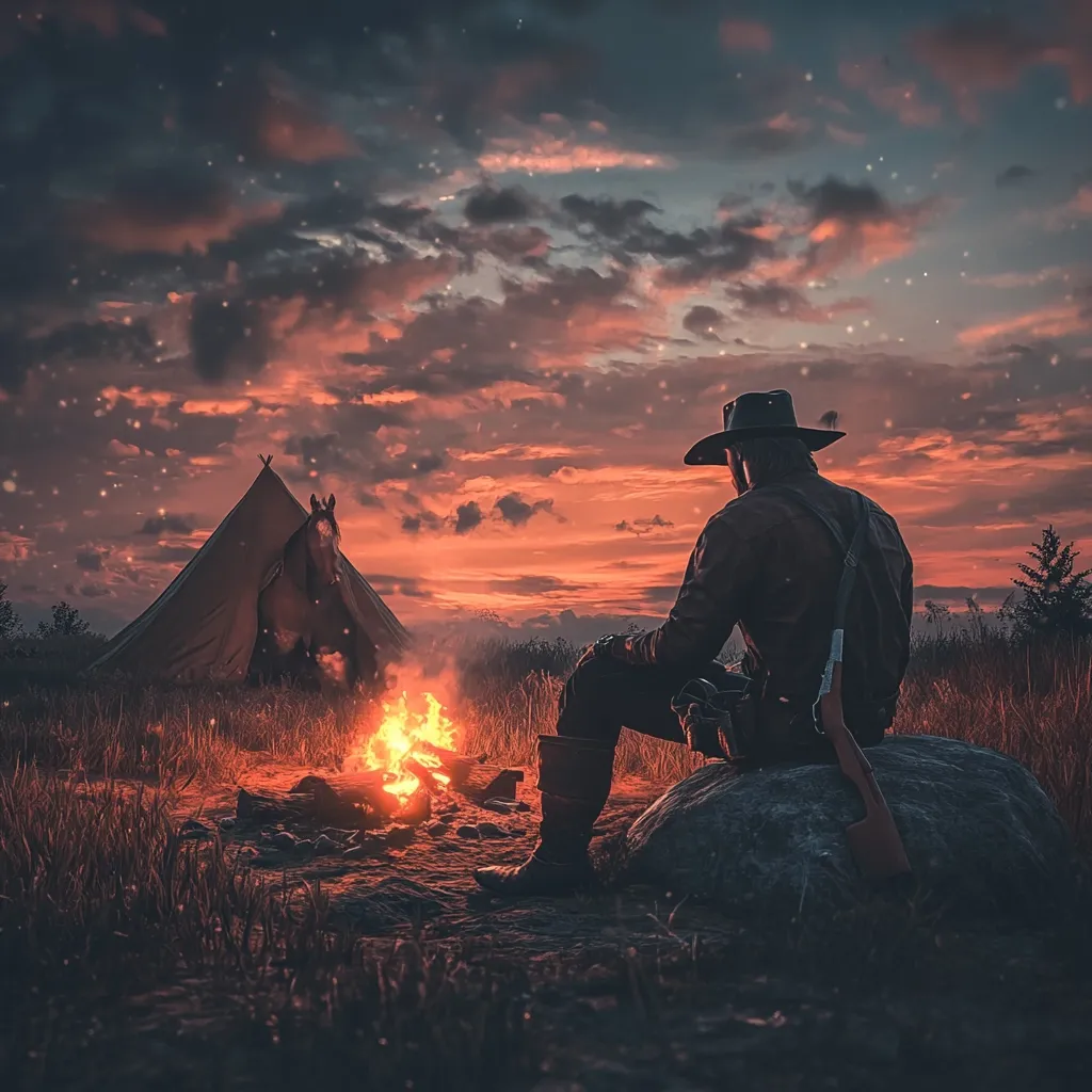 A lone cowboy sits on a rock, gazing into a campfire as dusk sets in. Behind him, a canvas tent stands with a horse silhouetted inside. The sky is ablaze with vibrant shades of orange and red, and the air is filled with a soft, warm glow. The scene is a classic depiction of the American West, with a sense of isolation and solitude.