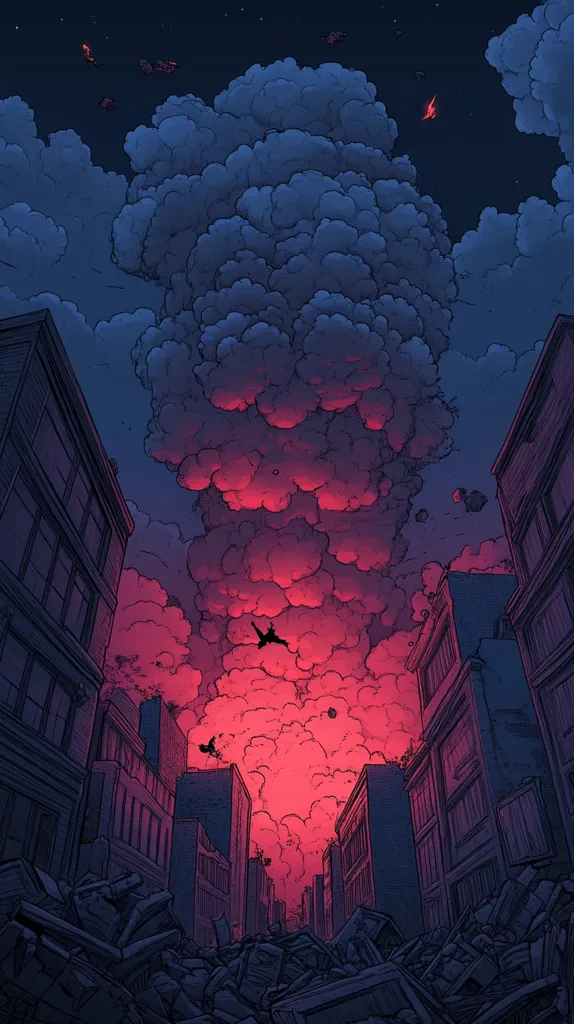 The image depicts a post-apocalyptic cityscape shrouded in smoke and dust.  The sky is dominated by a large, dark cloud with red-tinged edges, suggesting a recent fire or explosion. Buildings are damaged and debris litters the streets, creating a sense of desolation. A single silhouette of a figure flies overhead, adding a touch of mystery and hope.  The overall atmosphere is one of destruction and uncertainty, with the future of the city hanging in the balance.