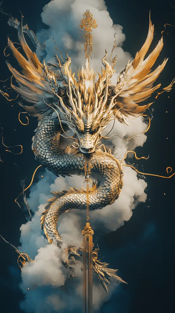 The image depicts a golden dragon wrapped around a golden sword, ascending through white clouds against a dark blue background. Its wings are spread wide, and its scales shimmer with a metallic sheen. The dragon's eyes are closed, giving it an air of serenity and power. The image is a beautiful representation of the mythical creature.