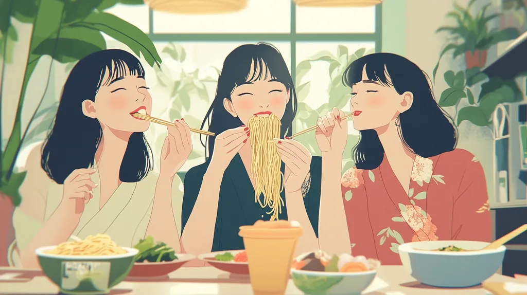 Three young women with long black hair are sitting at a table, enjoying a meal of noodles and other dishes. They are smiling and laughing, and their eyes are closed in contentment. The table is set with bowls, chopsticks, and a glass of water. The room is decorated with plants and a bookshelf in the background. The scene is full of warmth and camaraderie.