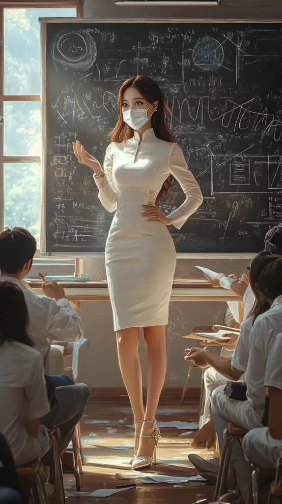A woman in a white dress and a face mask stands in front of a chalkboard covered in writing, teaching a class.  The students are seated in desks, listening attentively. The classroom is bright and sunny, with a window behind the woman.  She is wearing high heels and has long dark hair.  The scene is both formal and stylish.