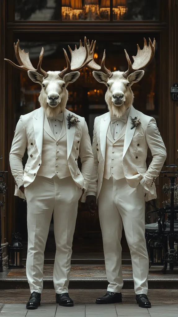 Two moose are dressed in matching white suits and black shoes. They stand in front of a door, looking dapper and confident. The moose on the left has a boutonniere, suggesting a special occasion. The image is humorous and whimsical, portraying the animals in a sophisticated and unexpected way.