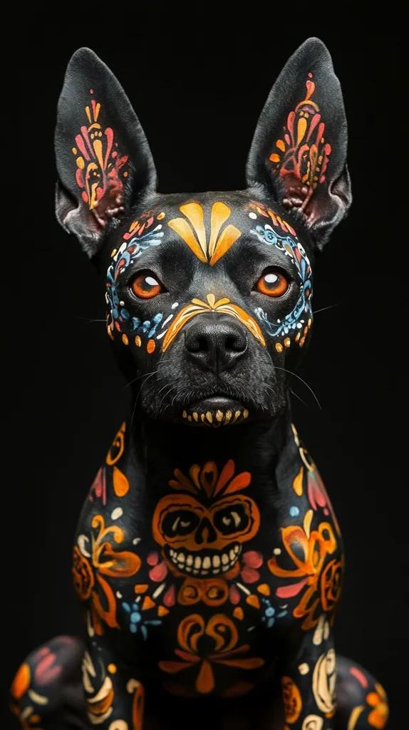 A black dog is painted with bright colors, including orange, yellow, pink, blue and white, forming intricate patterns and a skull on its chest. Its ears are perked up and it is looking directly at the camera with a serious expression. The dog is positioned against a dark background.