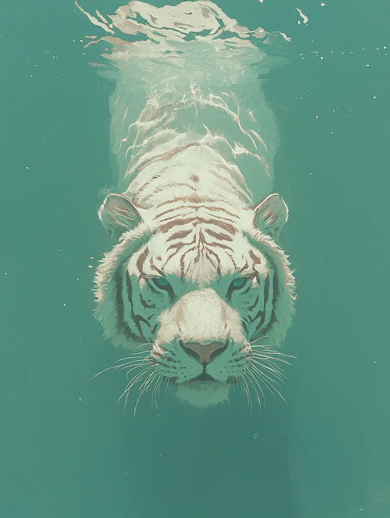 A white tiger's head emerges from the surface of clear, teal water. The tiger's eyes are piercing, and its whiskers are visible. The water ripples around the tiger, creating a sense of motion. The image is a close-up, focusing on the tiger's face. The background is a simple, solid color, allowing the tiger to be the focal point. The image is a beautiful and captivating portrait of a majestic creature.