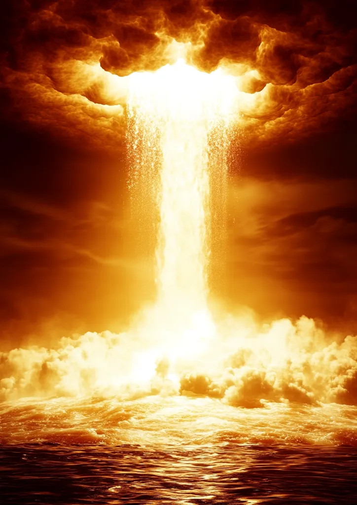 A bright, blazing column of light descends from a fiery sky, illuminating a sea of churning, golden waves. The light creates a dramatic contrast against the dark, stormy clouds above,  evoking a sense of power and intensity. The scene is a mesmerizing display of celestial energy and dramatic lighting.