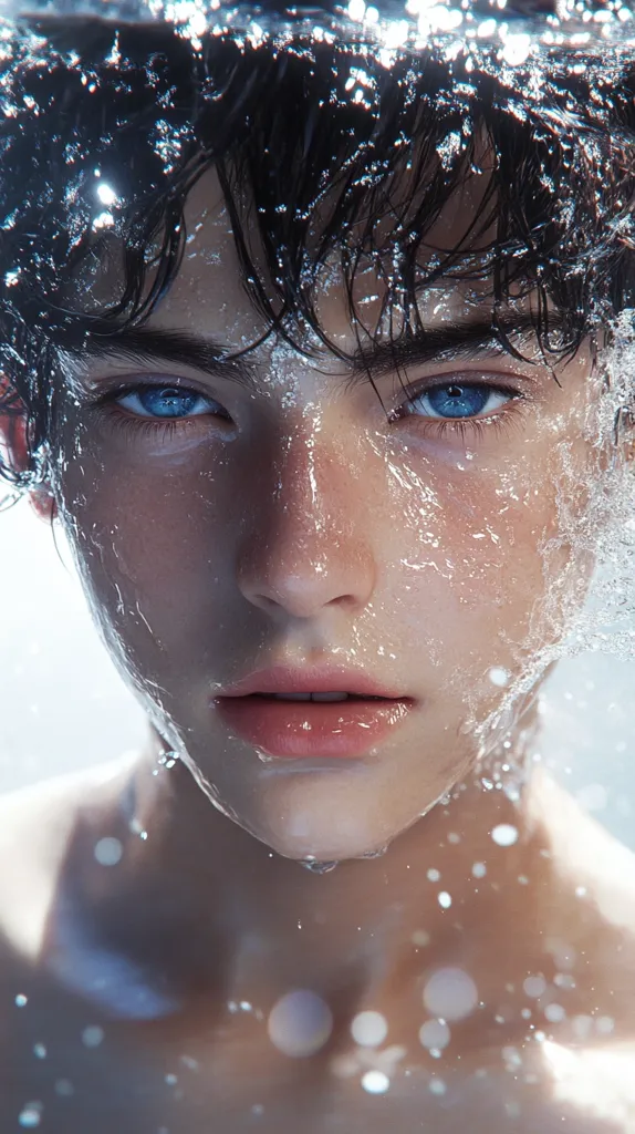 A close-up of the face and shoulders of an Asian boy with blue eyes, wet hair, water droplets on his skin, covered in light, silvery, glittering waves, floating above a white background. The style is inspired by anime, with dreamy scenes, soft edges, and blurred details. He has fair skin, an innocent look, and natural lighting that creates a magical atmosphere. --ar 9:16 --v 6.1