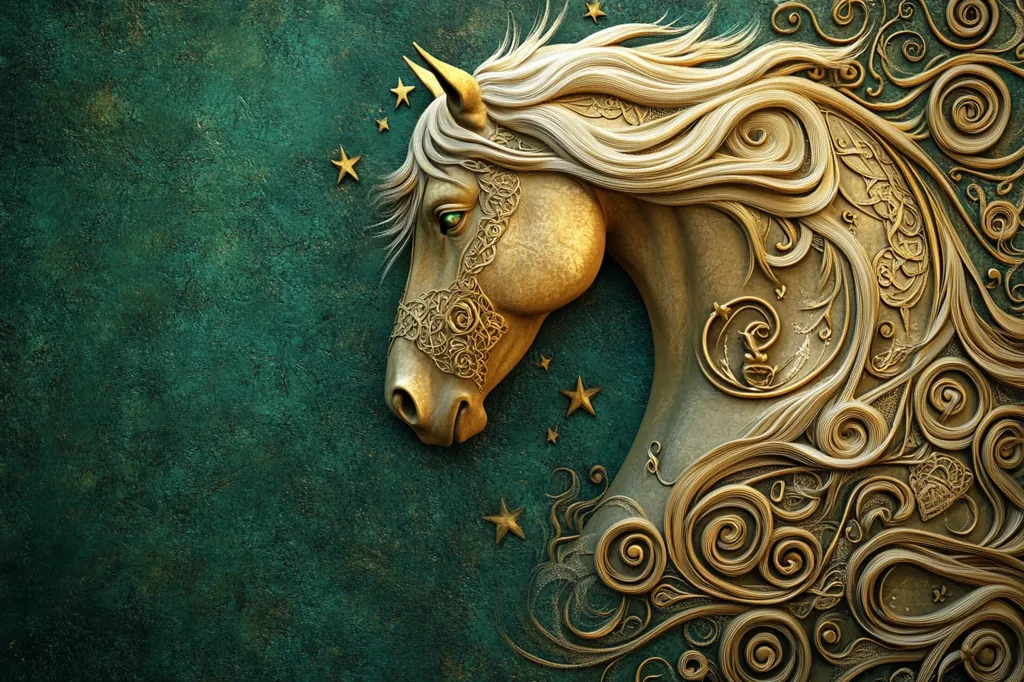 The image shows a golden horse's head sculpted in an intricate, swirling design.  The horse's mane and body are covered in delicate filigree work, creating a sense of elegance and sophistication.  The background is a deep green with subtle flecks of gold.  Small golden stars are scattered around the horse, adding a touch of whimsy and magic.  The overall effect is one of beauty and artistry.