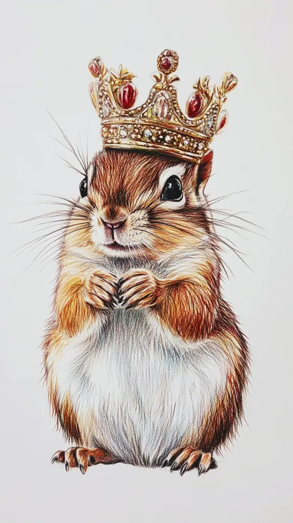 The image is a detailed drawing of a cute squirrel wearing a crown. The squirrel is sitting upright with its paws clasped together and has a friendly expression on its face. The crown is ornate and made of gold with red jewels. The drawing is done with colored pencils and is very realistic. The squirrel is a symbol of luck and prosperity and the crown signifies royalty. Together, they represent a message of hope and ambition.
