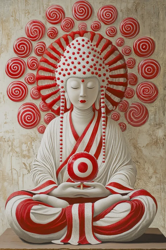 A white Buddha statue is depicted in a meditative pose, surrounded by swirling red and white patterns. The Buddha wears a white robe with red stripes and a red and white headpiece. The statue holds a red and white candy lollipop in its hands, creating a whimsical and surreal juxtaposition of spirituality and consumerism.