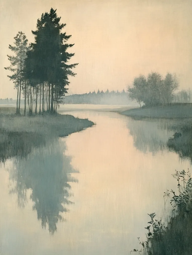 A tranquil landscape of a calm lake reflecting the morning sky. A group of tall, dark evergreens stand on the left bank, their reflections stretching into the water. The opposite bank is obscured by mist and trees, creating a sense of depth and mystery. The soft, muted colors and gentle curves of the landscape evoke a feeling of peace and serenity.