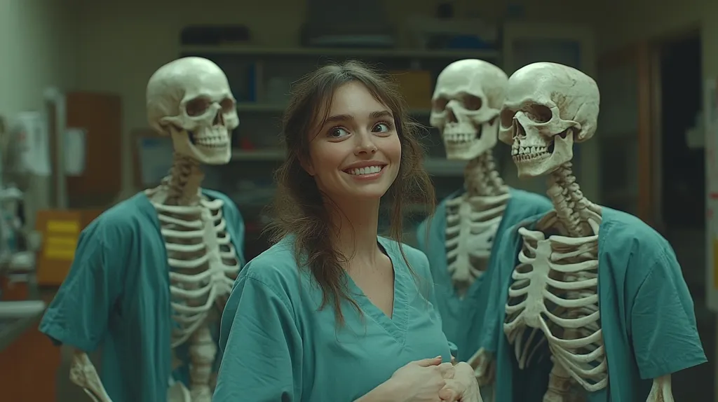 A young woman with long dark hair and a warm smile is standing in a room with three skeletons. The woman is wearing a teal scrubs top and the skeletons are wearing matching teal scrubs. The room is cluttered with shelves full of supplies. The woman looks cheerful and friendly, while the skeletons have a more serious expression.