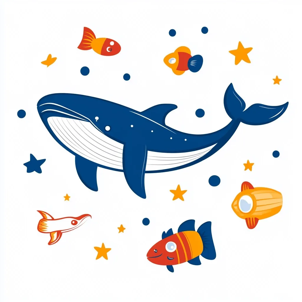A large blue whale swims across a white background with several colorful fish, stars, and polka dots. The whale is facing right, its tail and fins are visible. The fish are orange and red, and the stars are yellow. The polka dots are blue. The image is whimsical and playful.
