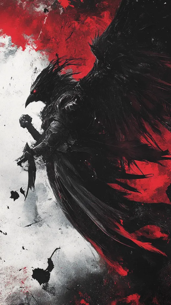 A black raven-like creature with large wings and red eyes is depicted in an abstract painting. It holds a sword in its right hand, and its feathers are spread in an ominous display. The background is a splash of red and white paint, giving the image a sense of motion and energy. The overall tone is dark and powerful, suggesting a sense of mystery and danger.