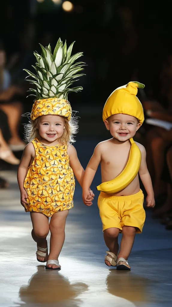 Two toddlers walk down a runway in matching yellow and white fruit-themed outfits. One child wears a pineapple hat and a pineapple print dress, the other a banana hat and a banana strapped across his chest. Both children are smiling and looking straight ahead. The floor is shiny and reflects the light.  The photo captures the playful innocence of childhood.