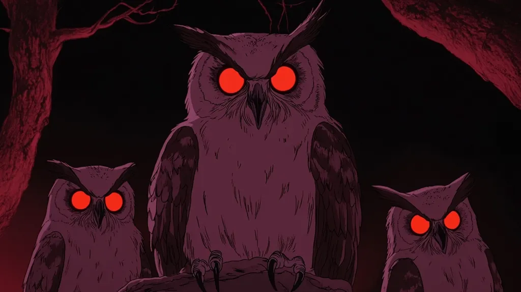 The image features three owls with glowing red eyes, perched on a branch in a dark, shadowy forest. The owls have a menacing, almost sinister expression. The dark background and the owls' piercing gaze create a sense of foreboding and mystery. The image could be interpreted as a representation of the unknown or as a warning against venturing into the darkness.  The overall effect is eerie and unsettling.