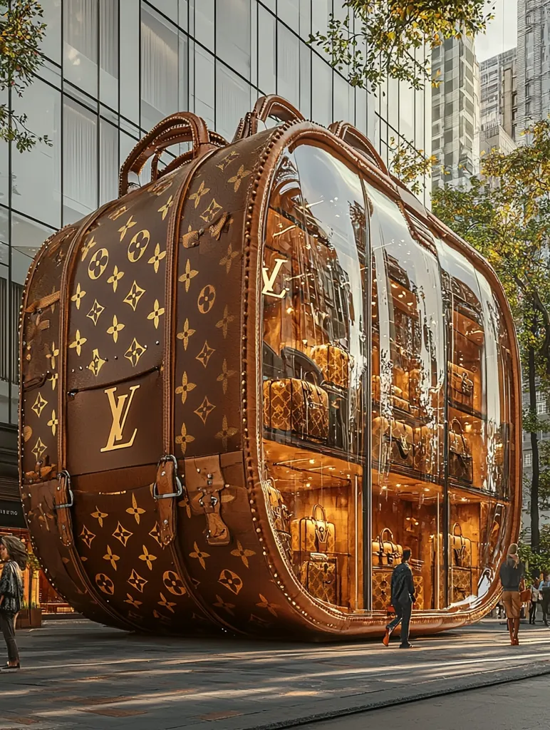 A massive, oversized Louis Vuitton suitcase is transformed into a storefront. The iconic brown and gold monogram canvas covers the exterior, while the interior is a glass-walled display showcasing various luxury items. People walk by, admiring the unique and extravagant design. The building in the background provides a city backdrop.