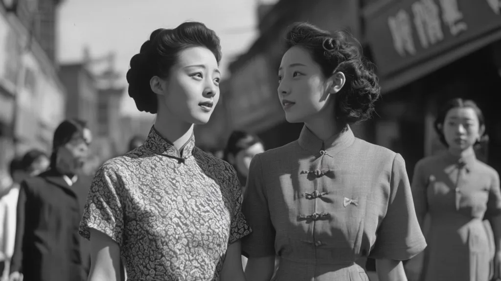Two women in traditional Chinese clothing stand on a street, facing each other. The woman on the left wears a patterned dress, while the woman on the right wears a plain dress. Both women have their hair pulled back in a neat style. The background is blurred, suggesting a bustling city street.