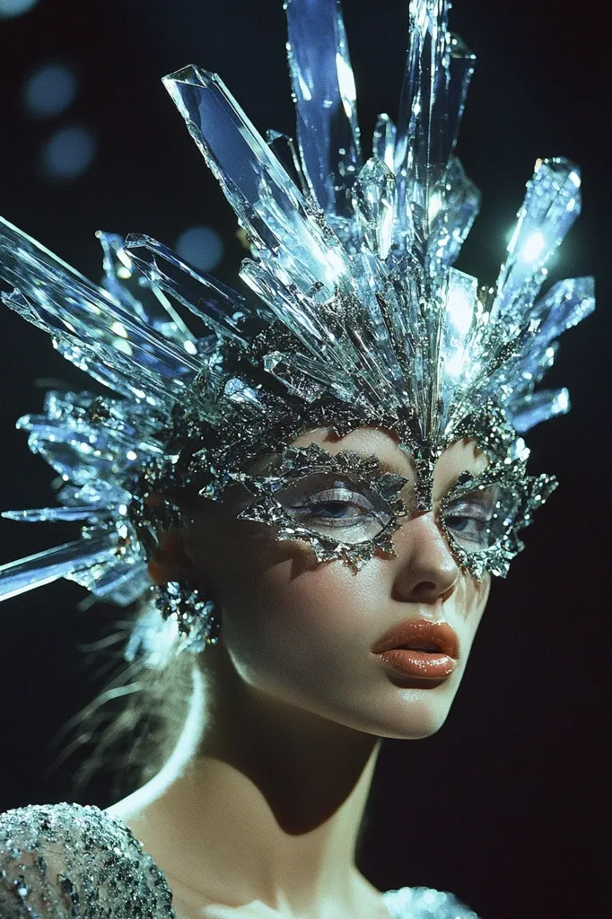 A woman wears a large, elaborate mask made of crystal shards. The mask covers her eyes, and the shards are arranged in a crown-like shape. She is looking down, and her lips are painted a deep red. The background is dark and blurry, making the mask and the woman's face stand out. The image creates a mysterious and captivating feel.