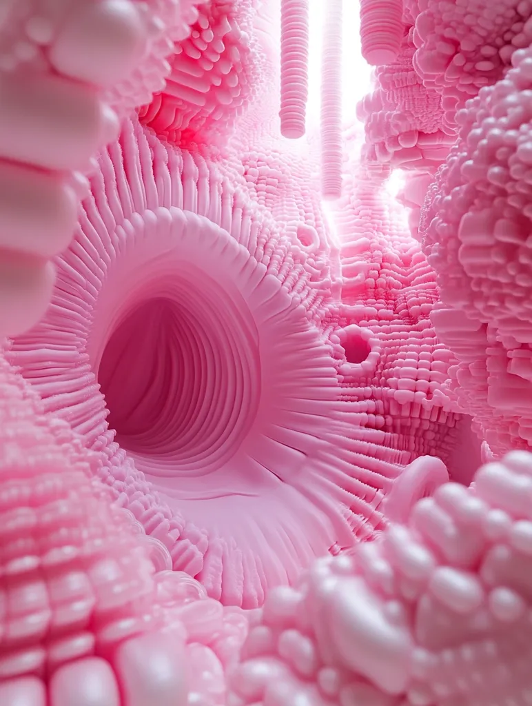 A surreal, abstract image of a pink, organic, 3D structure resembling a fleshy tunnel or cavern.  The surface is made up of thousands of tiny, rounded bumps and folds, giving the impression of soft, yielding material. The light source is undefined, creating a mysterious and ethereal atmosphere.