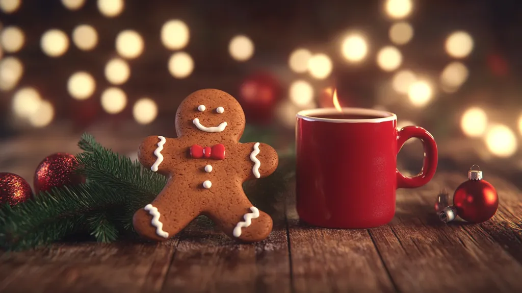 A gingerbread man sits on a wooden table, adorned with a red bow tie and surrounded by Christmas decor. A red mug of hot chocolate stands next to it, glowing warmly against the bokeh of holiday lights. The scene evokes a cozy and festive atmosphere, perfect for enjoying the holiday season.