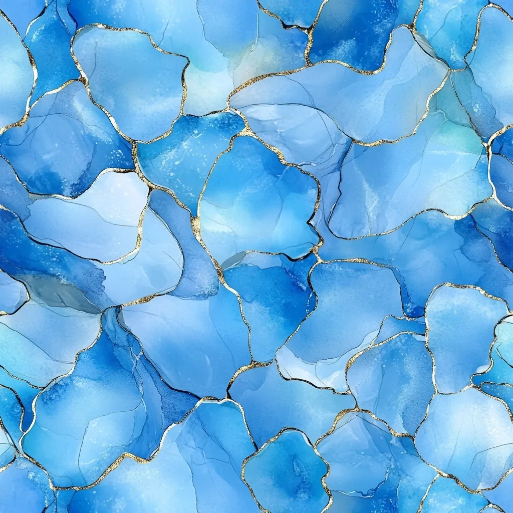 The image features a seamless pattern of abstract, organic shapes in various shades of blue, outlined in delicate gold lines. The shapes resemble a mosaic of water droplets or stones, creating a visually captivating and dynamic design. The use of blue and gold evokes a sense of luxury and tranquility, while the abstract nature of the forms adds a touch of mystery and sophistication. The overall effect is both calming and stimulating, making it suitable for a variety of decorative applications.