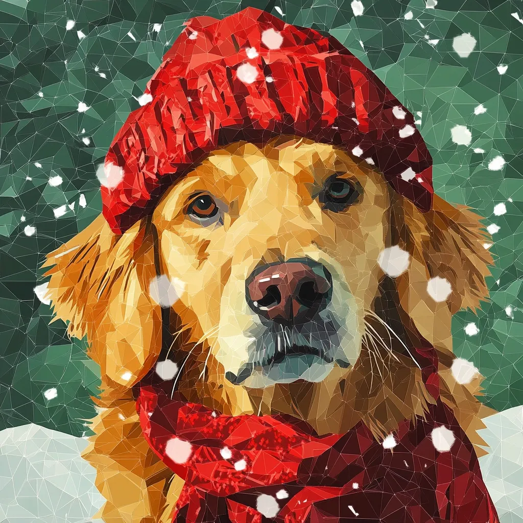 A golden retriever dog is wearing a red knitted hat and scarf. The dog has a serious expression on its face and its fur is highlighted in a geometric pattern. The background is a blurry green with snow falling around the dog. The image is in a low-poly style.