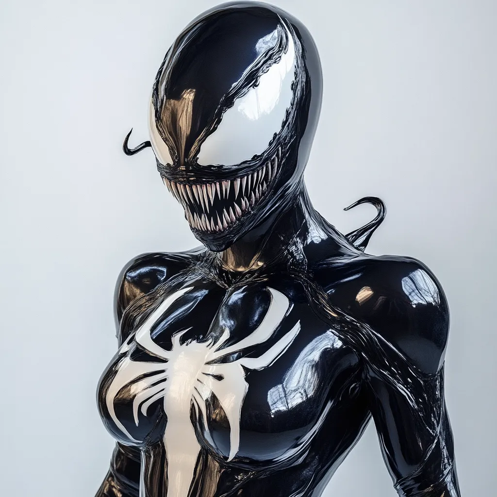 A female figure in a black, glossy, and textured suit with a white spider symbol on the chest. Her face is covered with a black and white mask resembling Venom, with sharp teeth and a menacing expression. The figure's eyes are hidden behind the mask, and the overall appearance is menacing and intimidating.