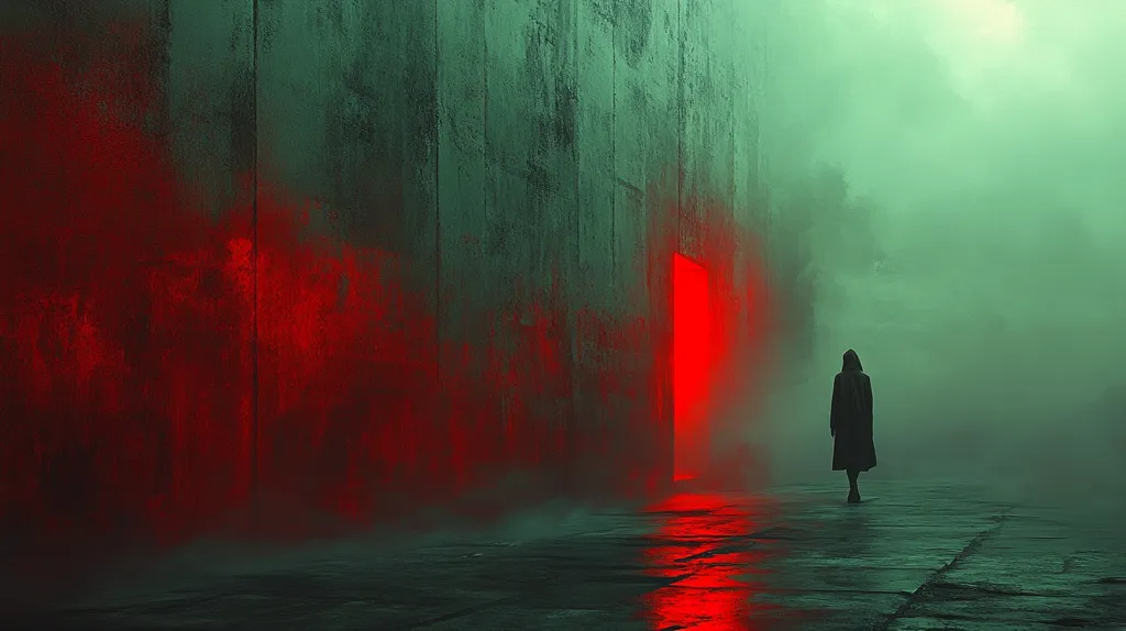 A lone figure in a long coat walks away from a glowing red doorway in a desolate, fog-filled landscape. The figure is silhouetted against the bright red light spilling out from the doorway, and the surrounding environment is shrouded in a thick, green mist. The image has an eerie and mysterious quality, with the figure's destination and the nature of the doorway left unclear.