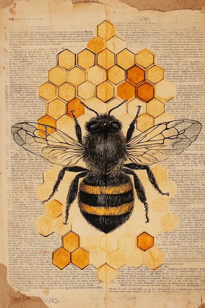A vintage illustration of a bee with wings spread out. The bee is sitting on a honeycomb with a background of old, faded text. The bee is drawn in detail, with black and yellow stripes. The honeycomb is drawn in a realistic style, with a yellow and brown color scheme. The illustration is set on a textured background of old paper. It has a rustic, vintage feel.