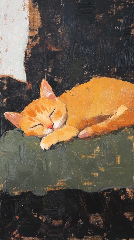 The painting depicts a sleeping orange tabby cat curled up on a green cushion. The background is a dark, almost black,  which creates a sense of intimacy and quietude. The cat's fur is rendered in soft, warm strokes of paint, while the cushion is textured and textured with brushstrokes. The painting captures the peaceful serenity of a cat's sleep.