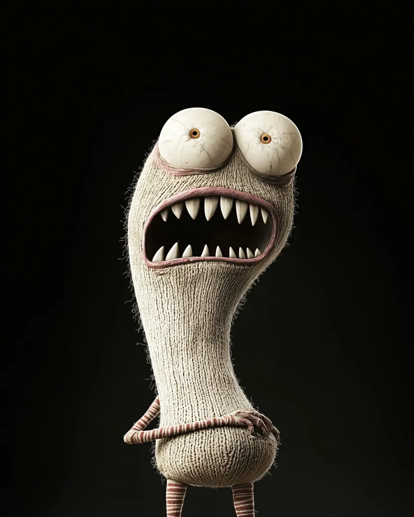 A sock monster with large, white eyes and a wide, toothy grin stands against a black background. Its body is made of a knitted fabric, and it has red and white stripes on its arms and legs. The monster appears to be in a state of excitement or shock, with its mouth wide open and its eyes bulging. The image has a playful and slightly unsettling tone.