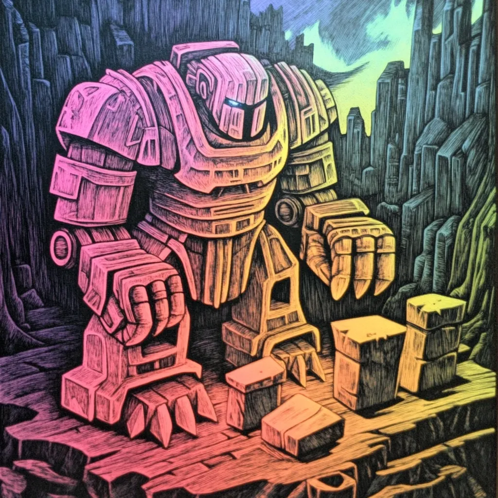 A large, heavily armored, robotic figure stands on a rocky, multi-colored landscape. The robot has a large, imposing head with a single, glowing eye. It is standing over a series of smaller, square structures. The image is drawn in a detailed, intricate style with a rainbow gradient overlay.  The scene evokes a sense of power and mystery.
