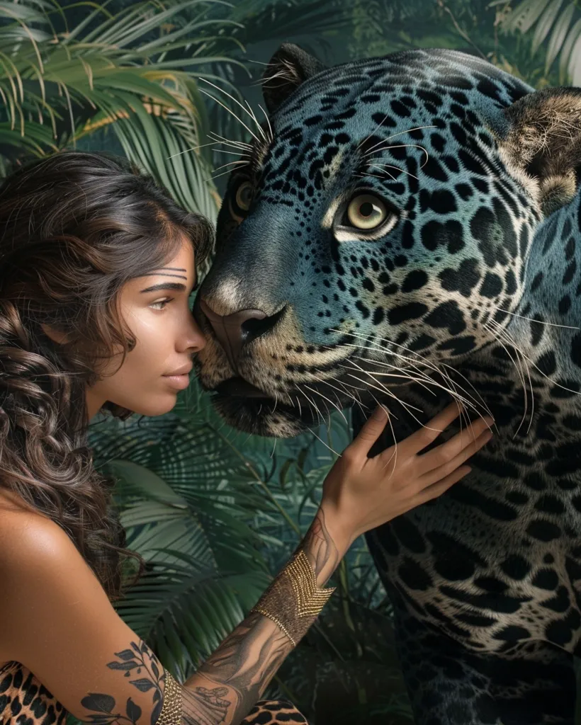 A young woman with long dark hair and a tattooed arm is gently touching the face of a large, blue-toned jaguar. The jaguar's eyes are closed and its expression is serene. The woman's face is close to the jaguar's, and they both appear to be at peace. They are surrounded by lush, tropical foliage. The image evokes a sense of harmony and connection between humans and animals.