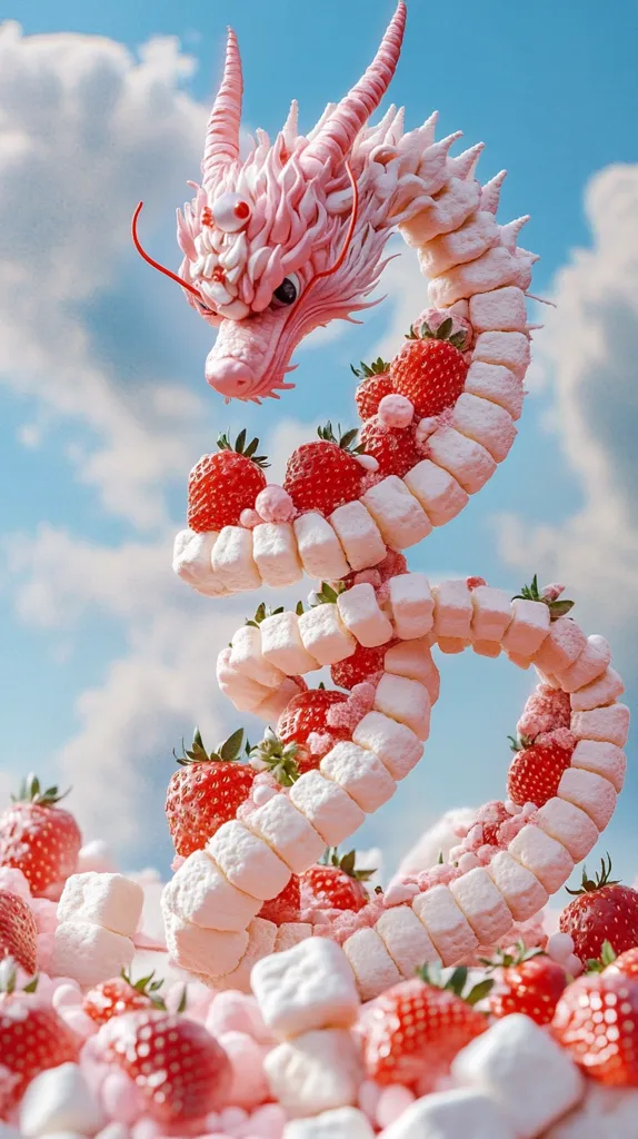 A pink dragon made of marshmallows and strawberries is in the air, surrounded by clouds. The dragon's body is made of a spiraling chain of marshmallows, and its head and tail are made of strawberries. The image is whimsical and playful, and it evokes a sense of sweet and sugary indulgence.