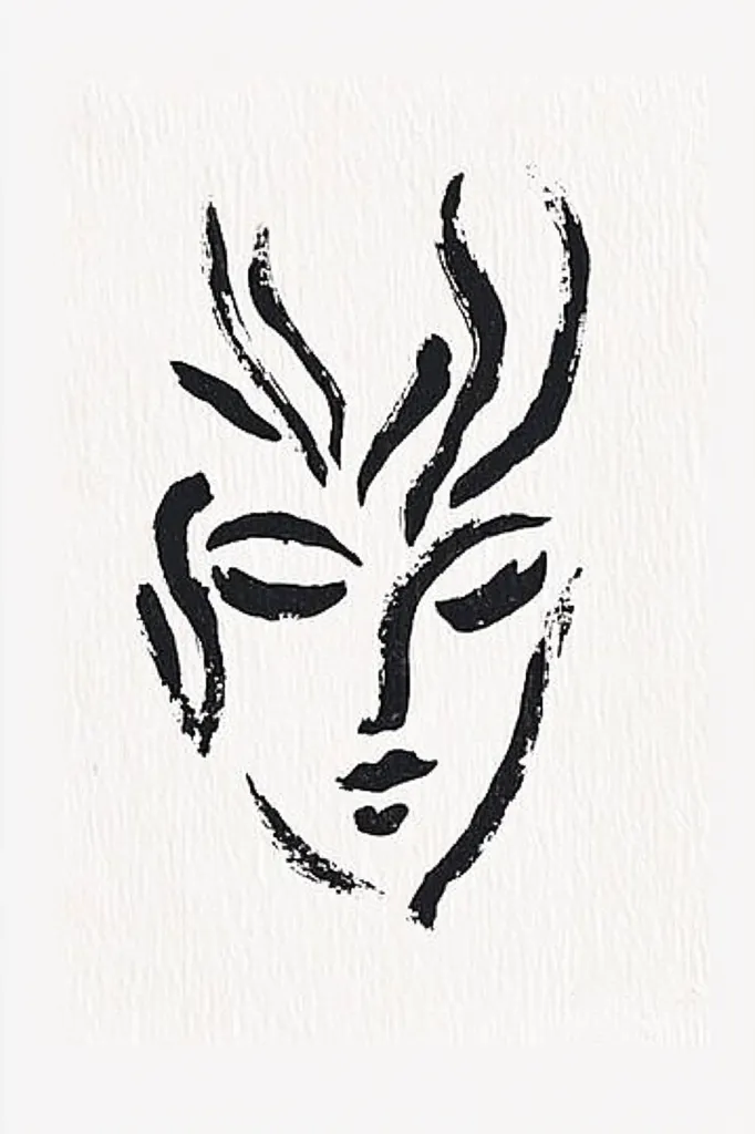 The image is a black and white line drawing of a person's face. The lines are bold and expressive, creating a sense of movement and energy. The person's eyes are closed, and their lips are slightly parted, suggesting a state of peace or contemplation. The lines around the person's head create a sense of movement and energy, suggesting that the person is thinking or dreaming. The background is white, which emphasizes the black lines of the drawing.  The image is simple but powerful, and it evokes a sense of mystery and intrigue.