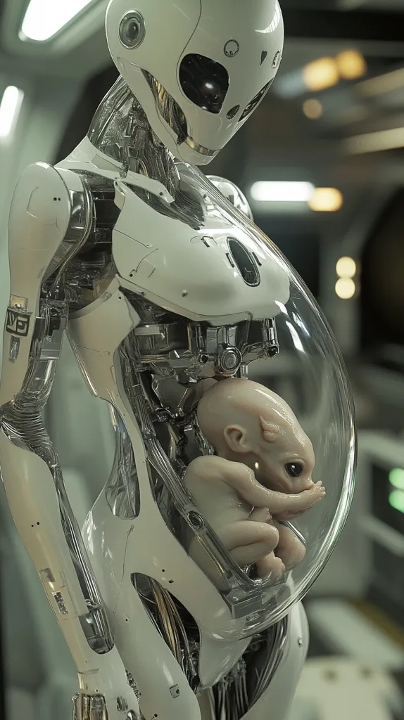 A humanoid robot with a white, sleek exterior and exposed mechanical components is carrying a small, pale-skinned alien creature in a transparent pod on its abdomen. The robot's head is tilted down towards the creature, creating a sense of tenderness and care. The image suggests a futuristic world where robots and aliens coexist. The background is blurred, suggesting a sterile, technological environment.