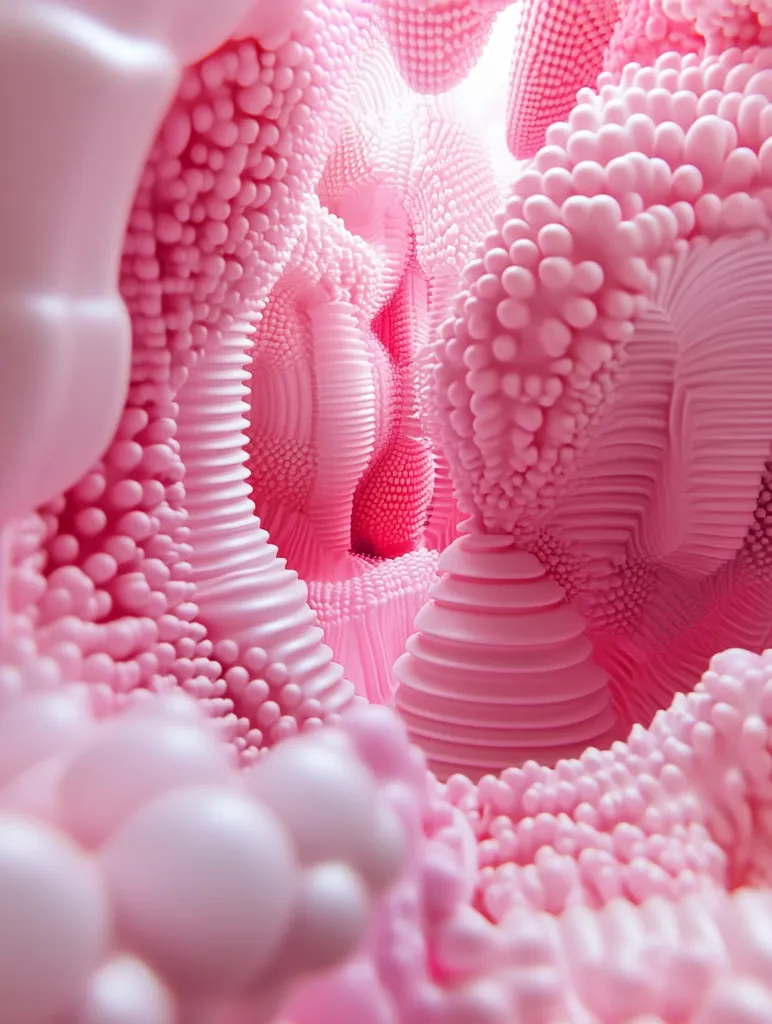 The image shows a close-up of a pink, abstract, 3D structure. It appears to be made of many small, rounded shapes that are arranged in a complex, almost organic pattern. The structure creates a sense of depth and dimension, with different elements appearing to be layered on top of each other. The overall effect is both visually striking and slightly unsettling. The image is reminiscent of a biological organism or a surreal landscape.