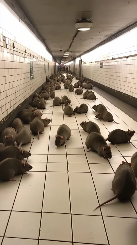 A long, white tiled tunnel is filled with dozens of rats. The rats are of various sizes and are spread out across the floor, some are walking, while others are sitting. The tunnel is lit by overhead lights, which cast a dim glow on the scene.  The image captures a moment of eerie normalcy, where the rats appear to be comfortable in their environment.