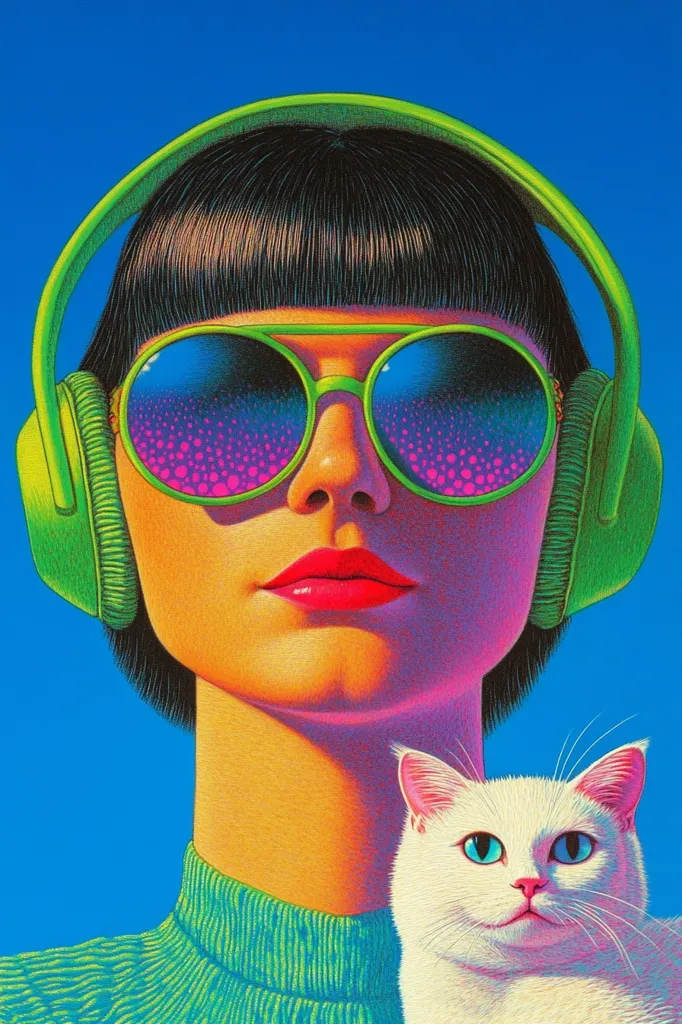 A woman with a blunt black bob and large green headphones is wearing sunglasses with a reflective, pink and purple pattern.  She is wearing a green sweater, and a white cat is peering up at the viewer from beside her.  The background is a vivid blue.  The image is stylized and has a retro aesthetic.